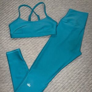 ALO Yoga Teal Blue Leggings and Strappy Sports Bra Set